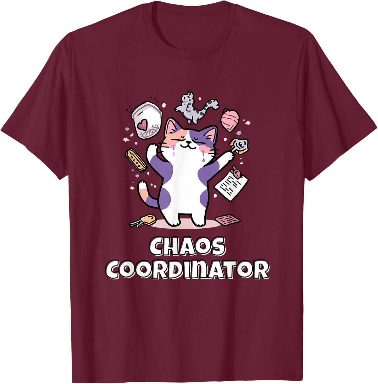 Chaos Coordinator Calico Cat T-Shirt - T-Shirt | Maroon