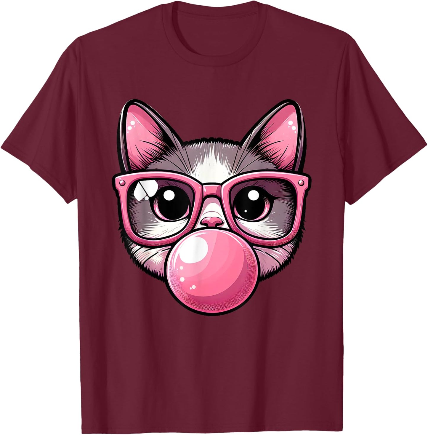 Cute and Funny Cat Pink Sunglasses And Blowing Bubble Gum Men Women Girls Kids T-Shirt - T-Shirt | Maroon