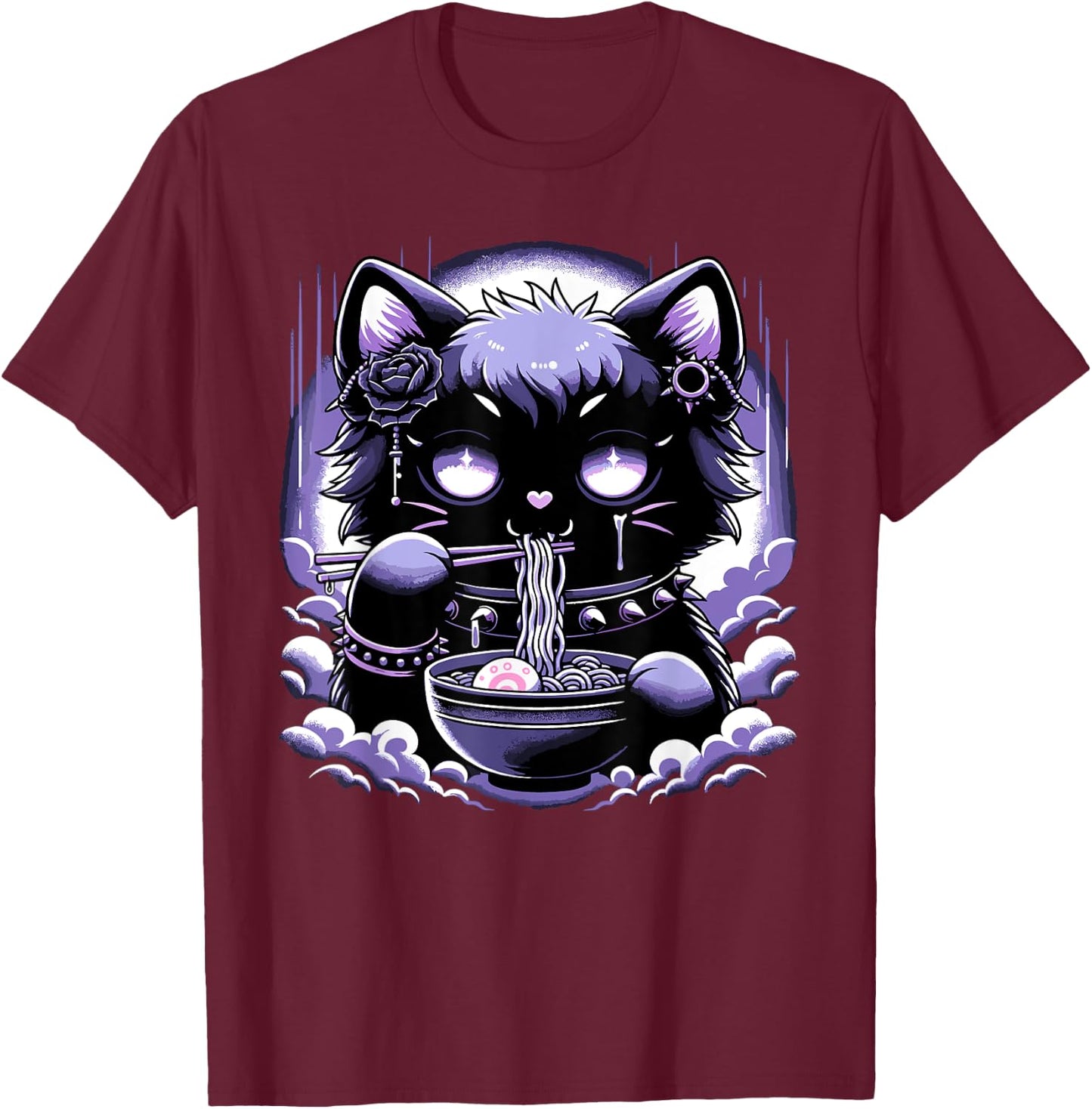 Pastel Goth Aesthetic Kawaii Creepy Cat Eating Ramen Noodles T-Shirt - T-Shirt | Maroon