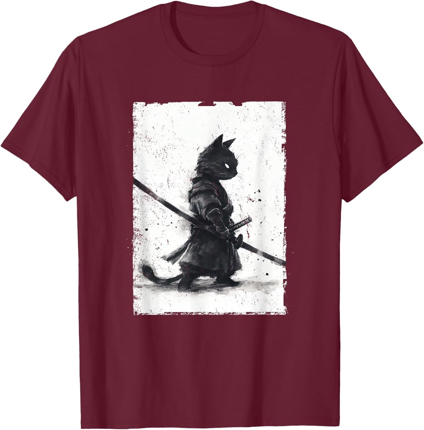 Vintage Samurai Cat Graphic Art Japanese Ukiyo-e T-Shirt - T-Shirt | Maroon