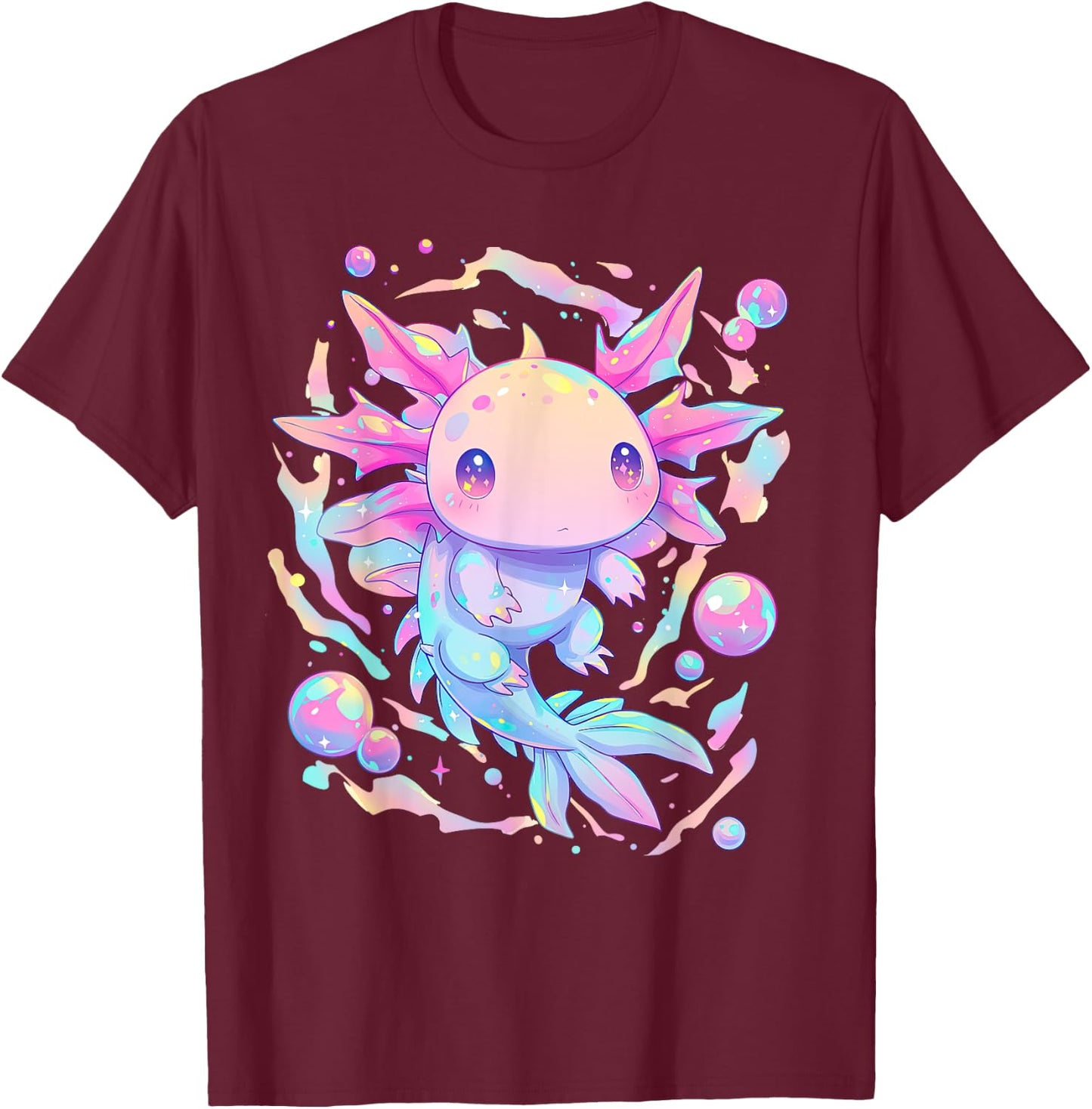 Kawaii Pastel Goth Cute Pink Sparkles Axolotl and Bubbles T-Shirt - T-Shirt | Maroon