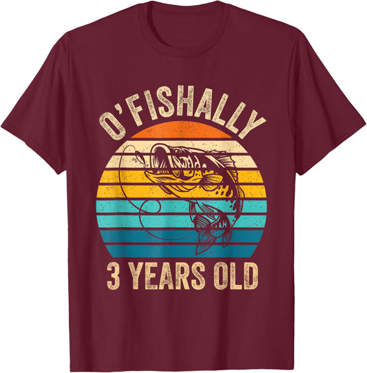Ofishally 3 Year Old Shirt 3rd Birthday Vintage Fishing T-Shirt - T-Shirt | Maroon