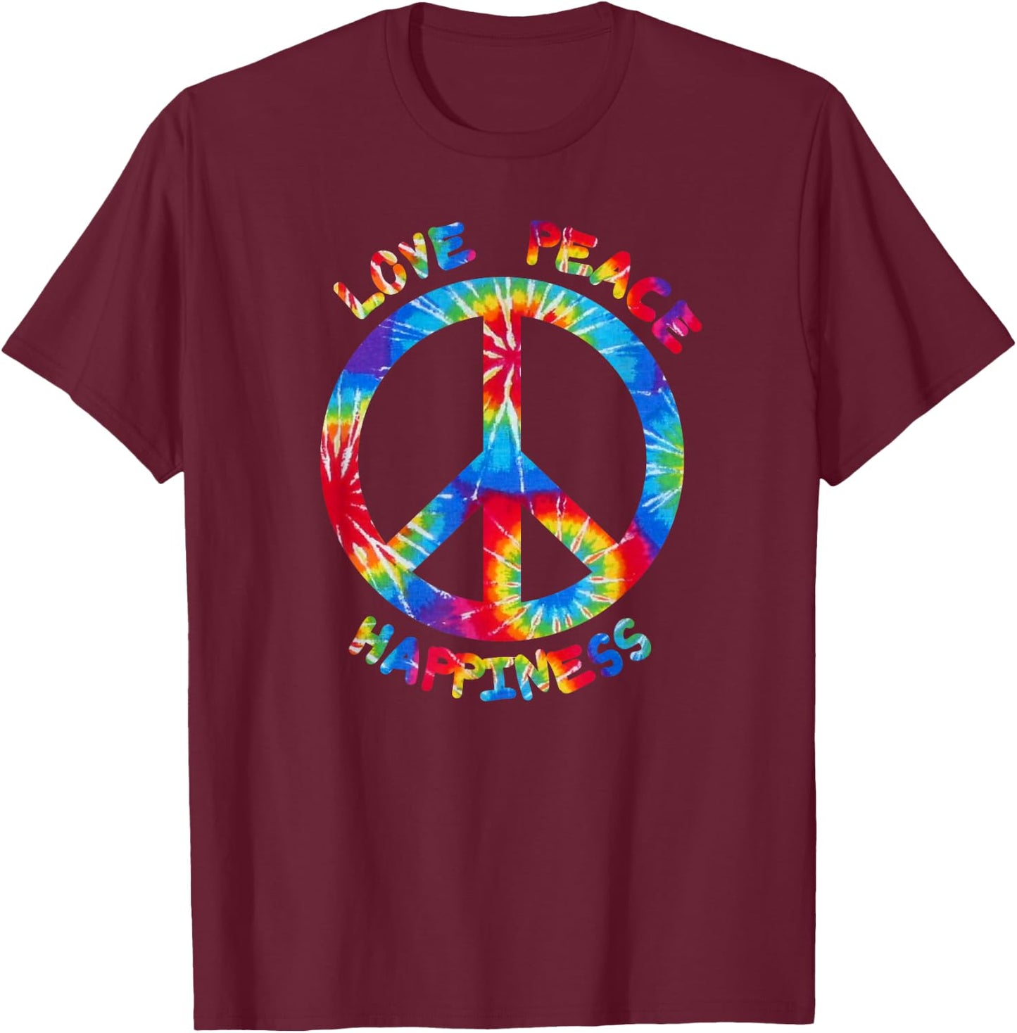 Hippie Peace Love Happiness I Peace Sign Hippies T-Shirt - T-Shirt | Maroon