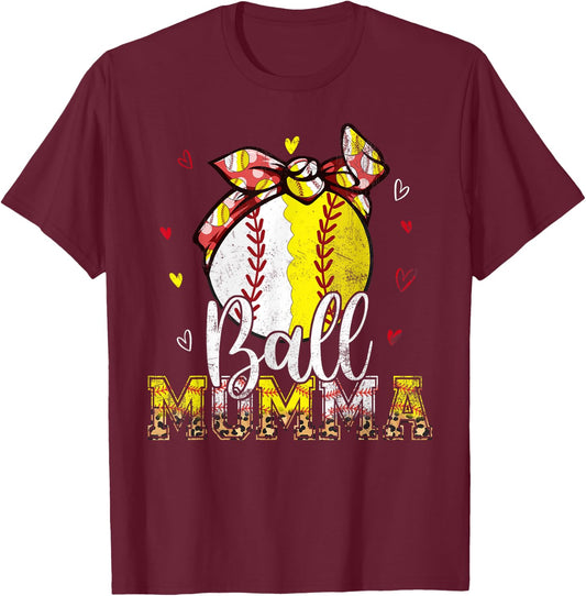 Softball Baseball Ball Momma Bandana Leopard Mothers Day T-Shirt - T-Shirt | Maroon