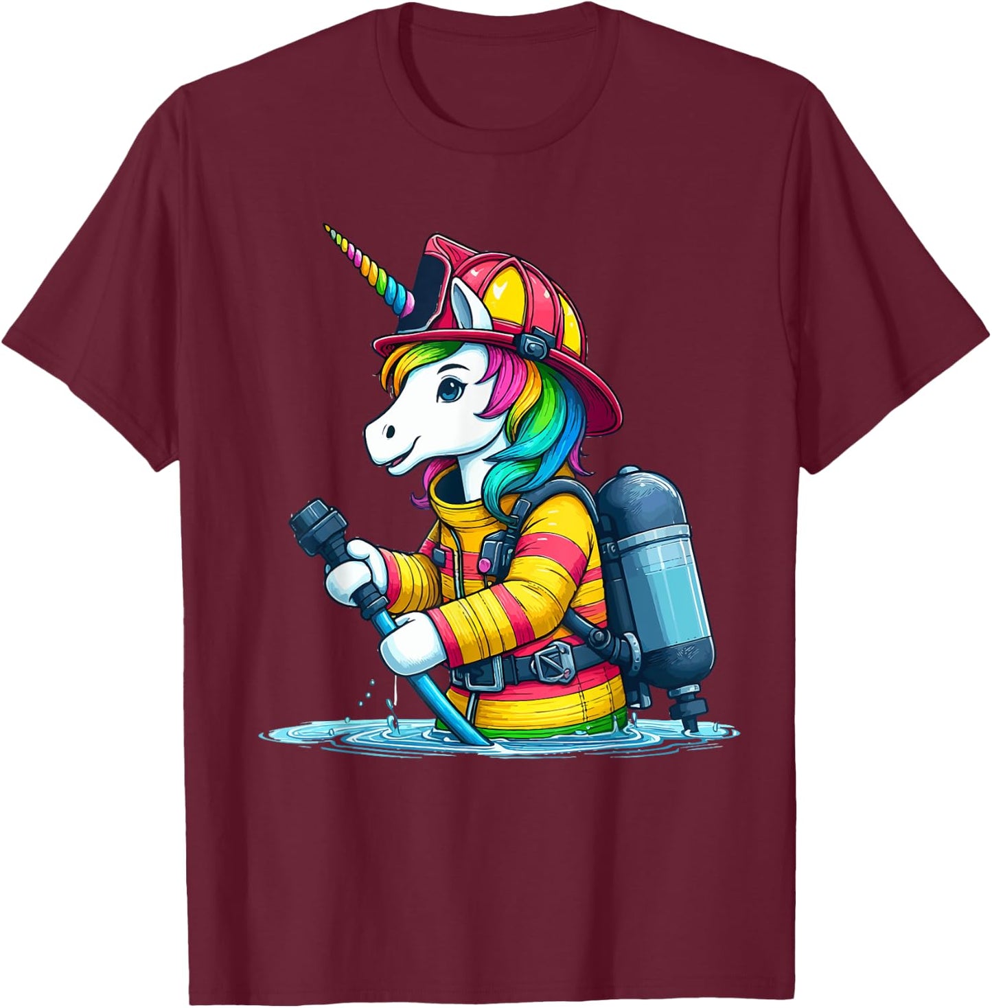 Unicorn Firefighter Fireman Birthday Party Funny Girl Love T-Shirt - T-Shirt | Maroon
