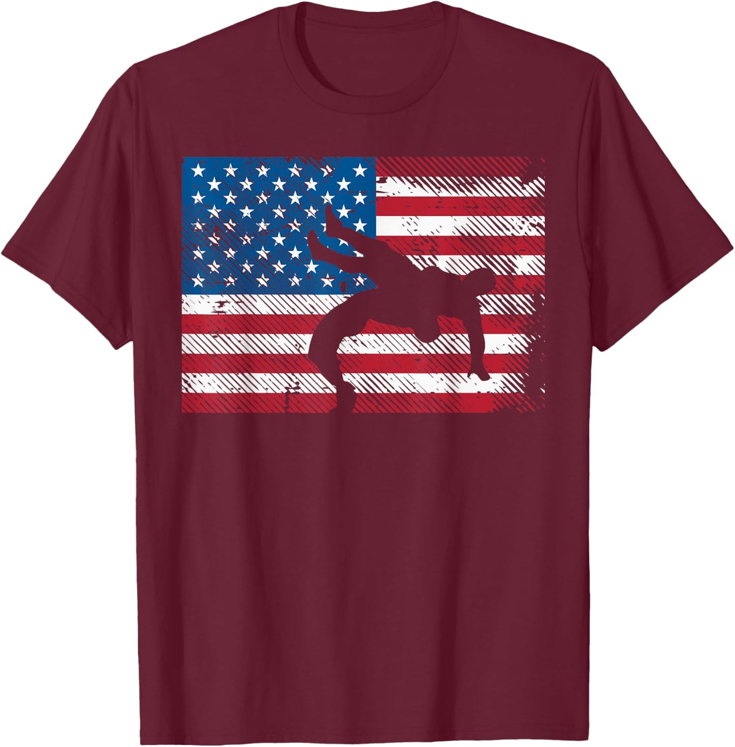 Wrestler Silhouette US Flag Vintage Wrestling Men Women Kids T-Shirt - T-Shirt | Maroon