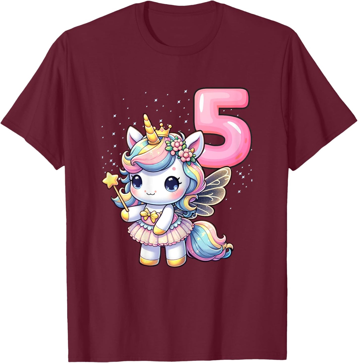 Unicorn Fairy 5th Birthday 5 Year Old Party Girls Outfit T-Shirt - T-Shirt | Maroon