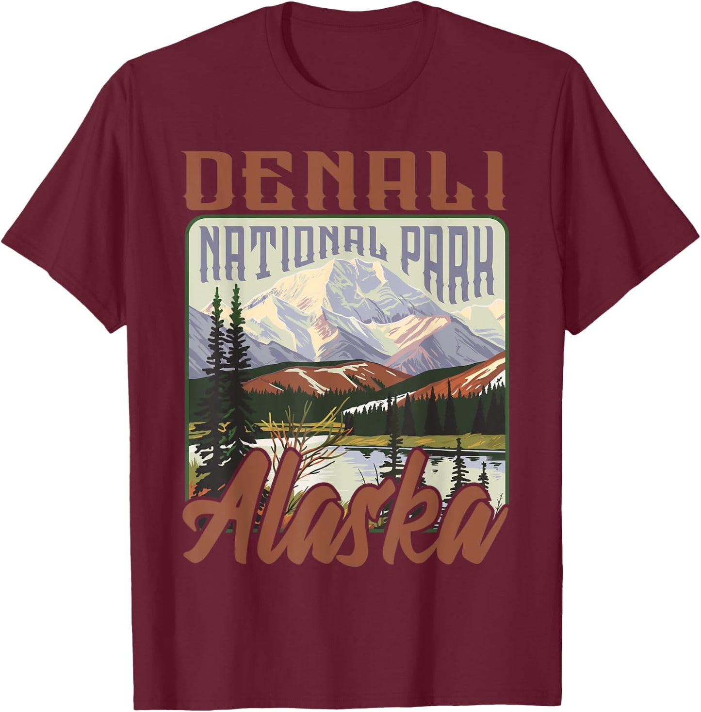 Denali USA National Park Vintage Alaska Outdoors Retro T-Shirt - T-Shirt | Maroon