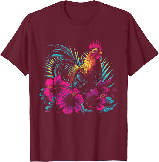 Chicken Hawaiian Flowers Rooster Kauai Hawaii Vintage T-Shirt - T-Shirt | Maroon