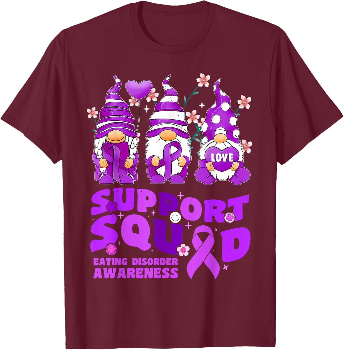 Support Squad Eating Disorder Awareness Gnome Purple Ribbon T-Shirt - T-Shirt | Maroon