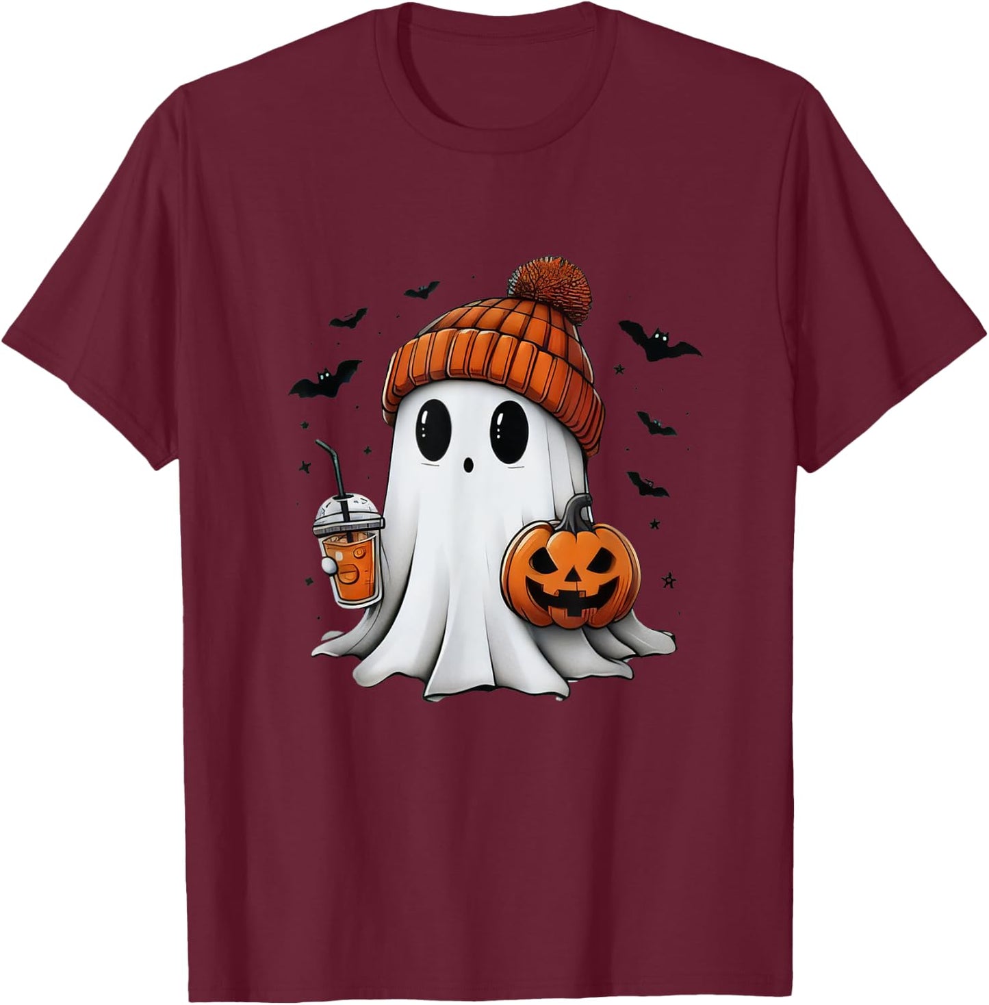 Cute Ghost Drinking Coffee Halloween Ghost Ice Coffee T-Shirt - T-Shirt | Maroon