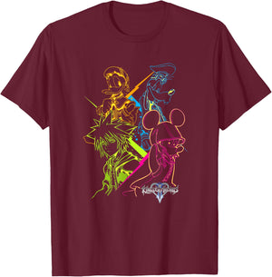 Disney Kingdom Hearts Main Characters Neon Line Art Portrait T-Shirt - T-Shirt | Maroon