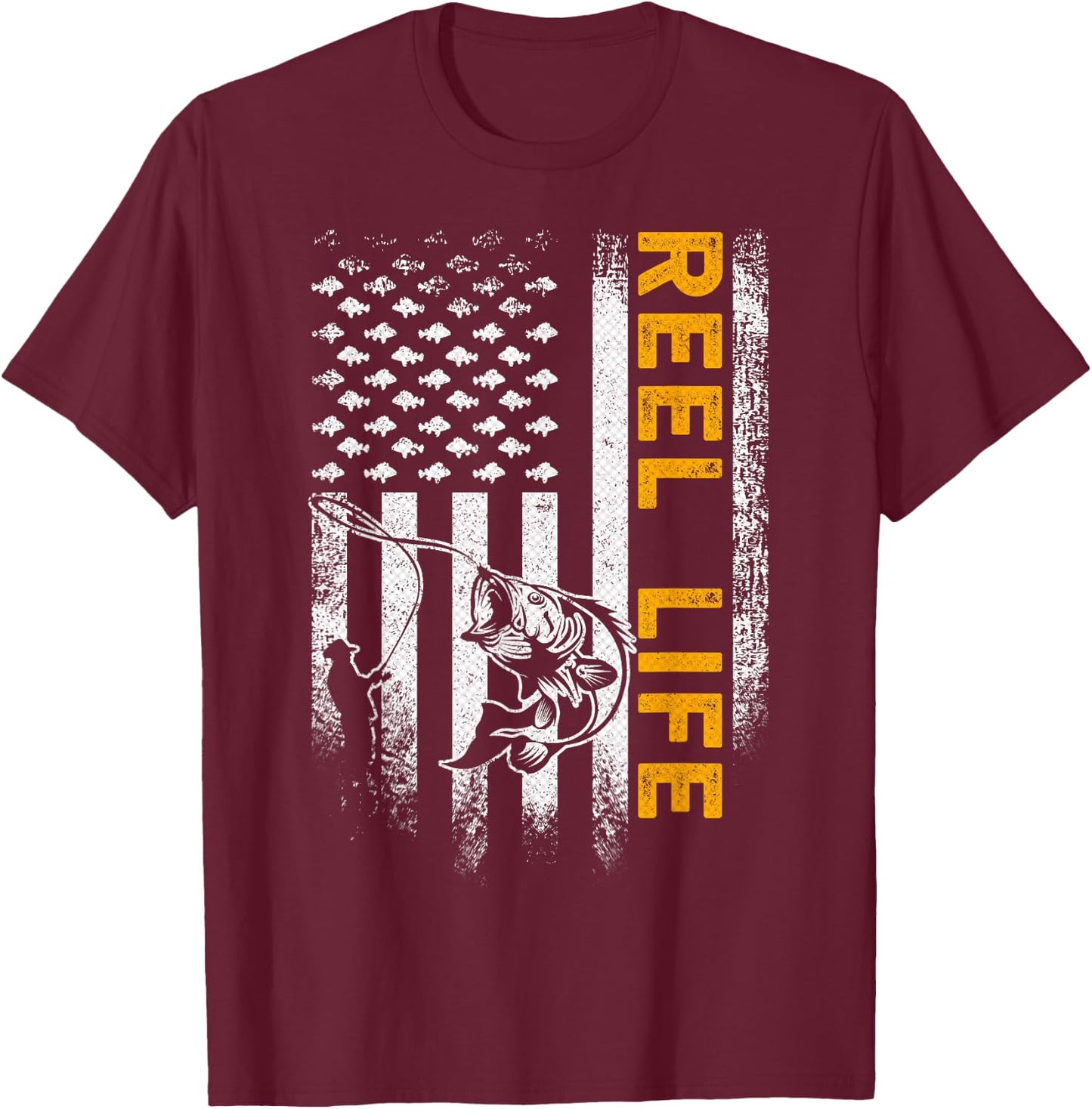 Vintage USA Flag Reel Life, Fisherman, Fishing Lover T-Shirt - T-Shirt | Maroon