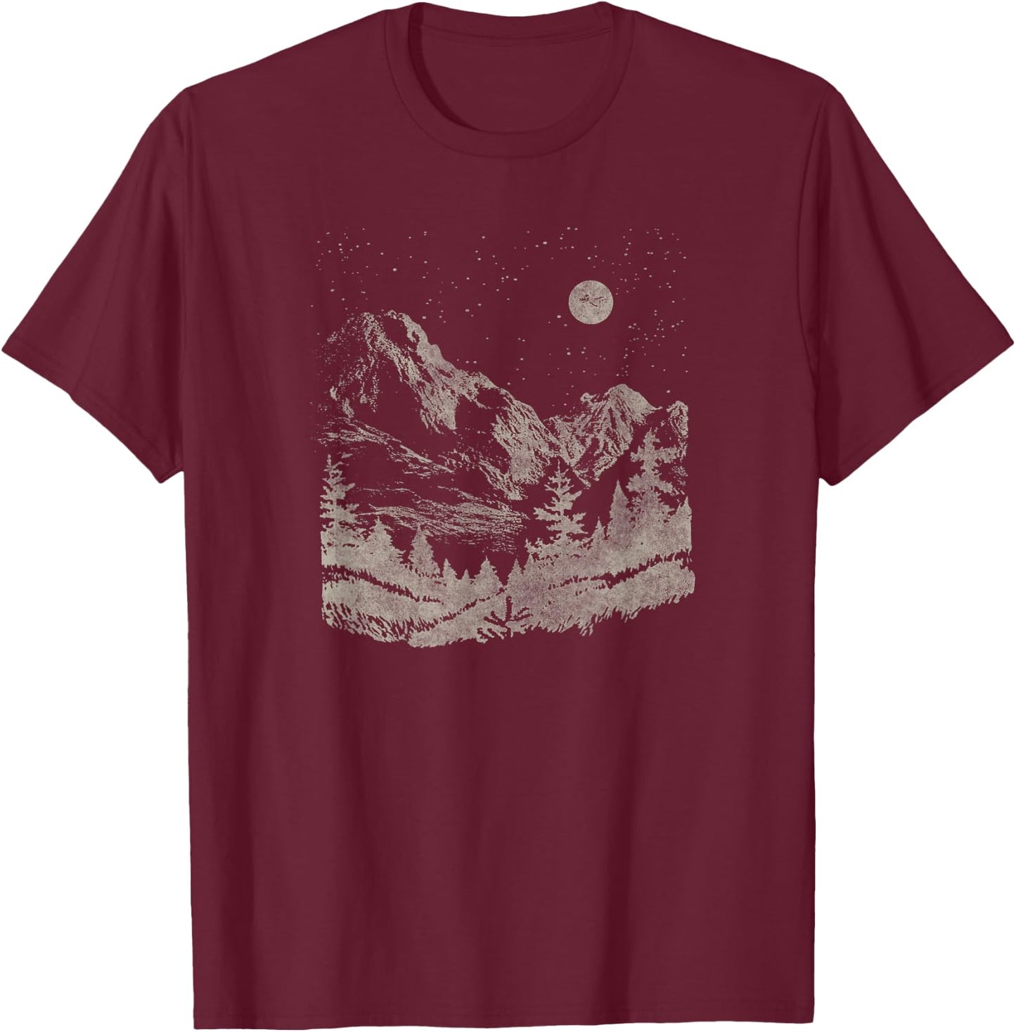 Trendy Nighttime Mountain Forest Scene T-Shirt - T-Shirt | Maroon