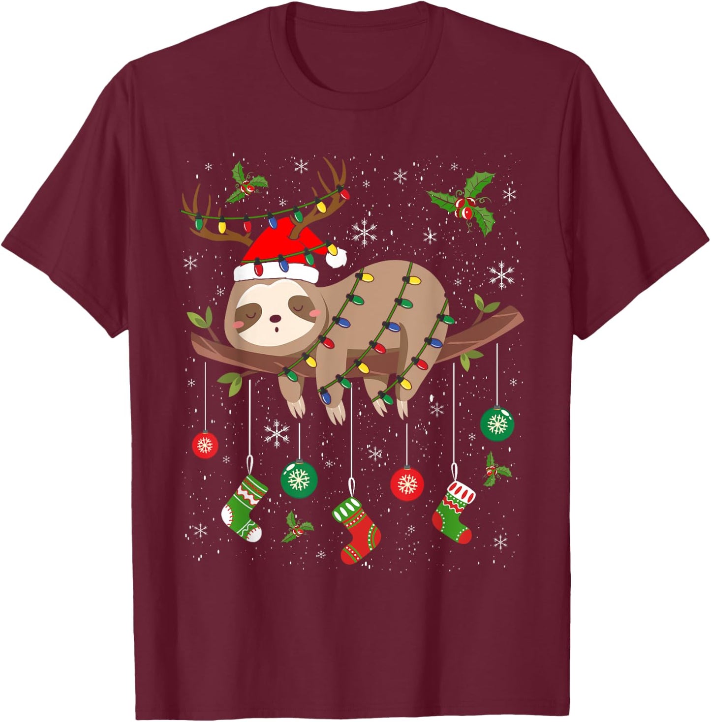 Sloths Xmas Lighting Reindeer Santa Hat Sloth Christmas T-Shirt - T-Shirt | Maroon