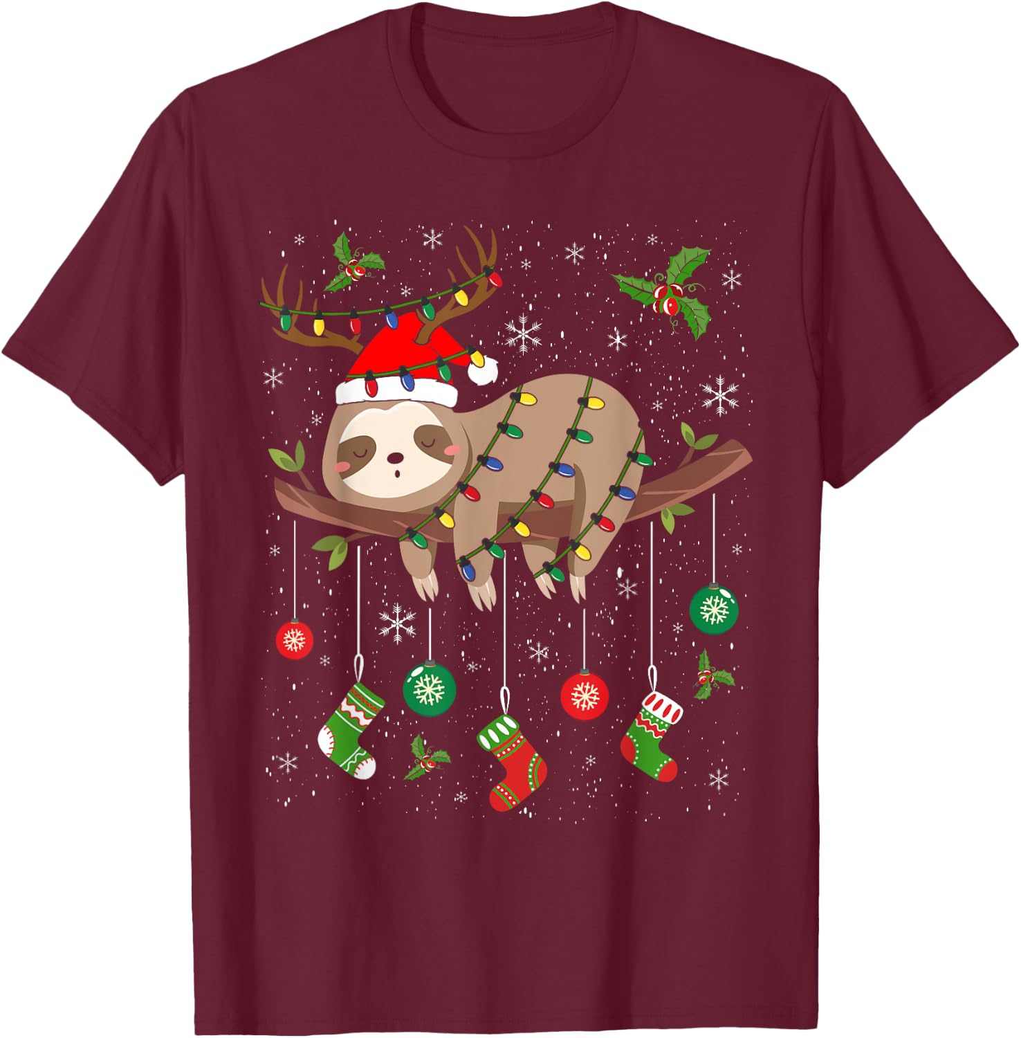 Sloths Xmas Lighting Reindeer Santa Hat Sloth Christmas T-Shirt - T-Shirt | Maroon