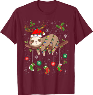 Sloths Xmas Lighting Reindeer Santa Hat Sloth Christmas T-Shirt - T-Shirt | Maroon