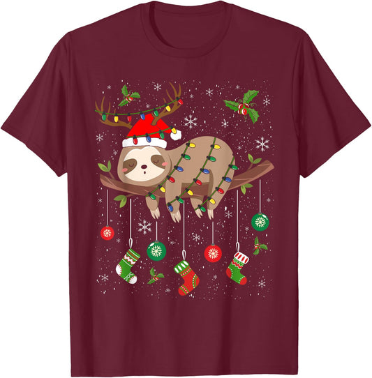 Sloths Xmas Lighting Reindeer Santa Hat Sloth Christmas T-Shirt - T-Shirt | Maroon