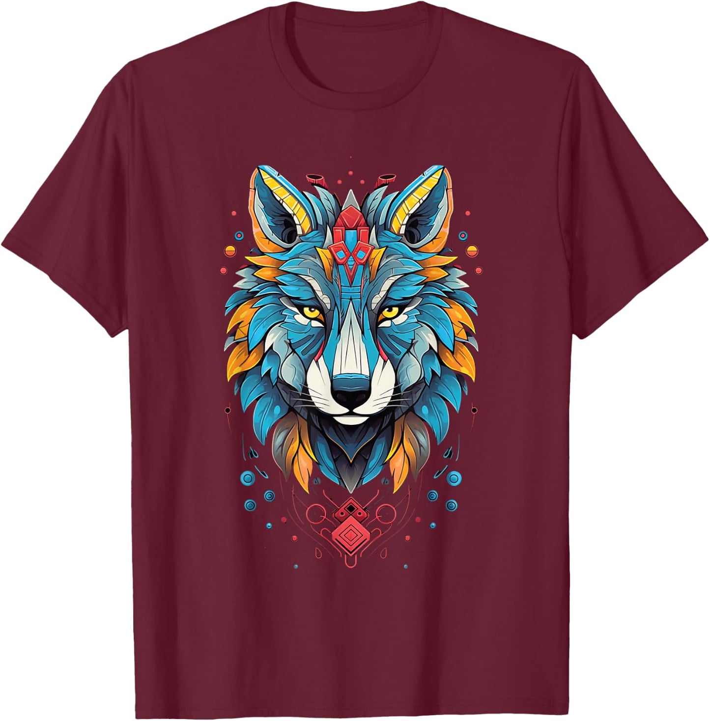 Native American Boho Wolf Splash Art Animal Face Wolf T-Shirt - T-Shirt | Maroon