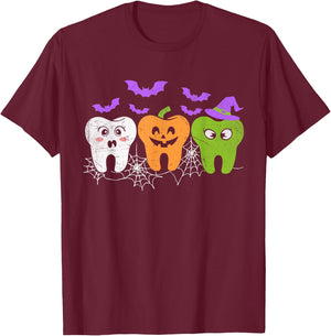 Teeth Ghost Pumpkin Witch Cute Dental Halloween Dentist T-Shirt - T-Shirt | Maroon