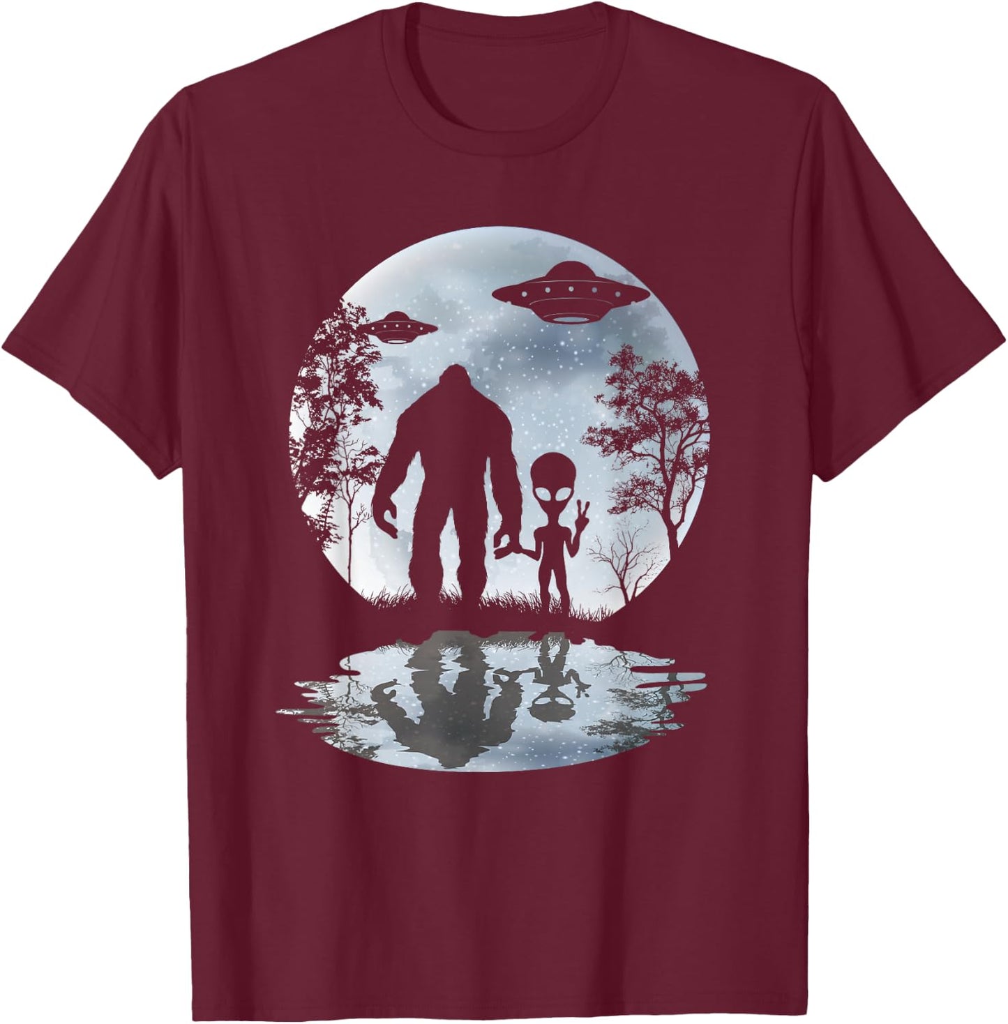 Alien Bigfoot Moon Sasquatch UFO Extraterrestrial Men women T-Shirt - T-Shirt | Maroon
