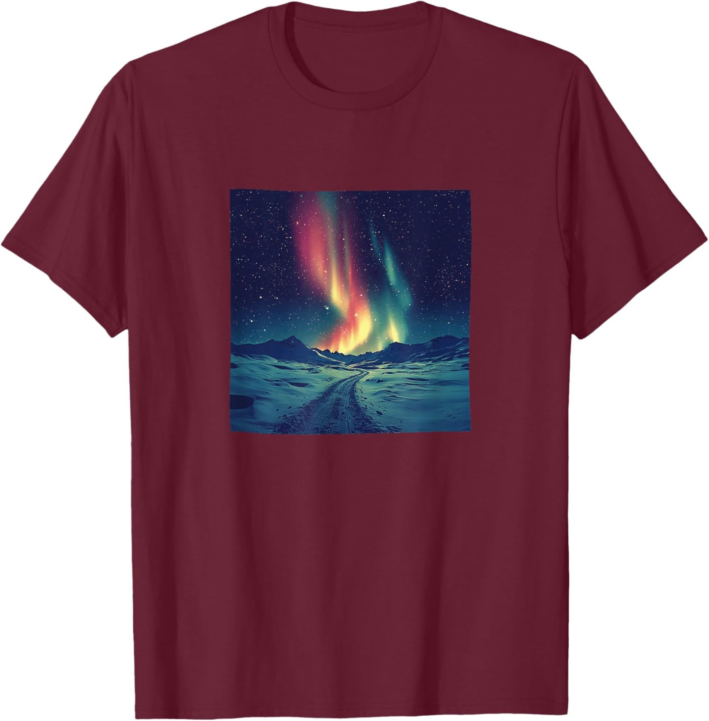 Northern Lights Over Snow Vintage Landscape Graphic T-Shirt - T-Shirt | Maroon
