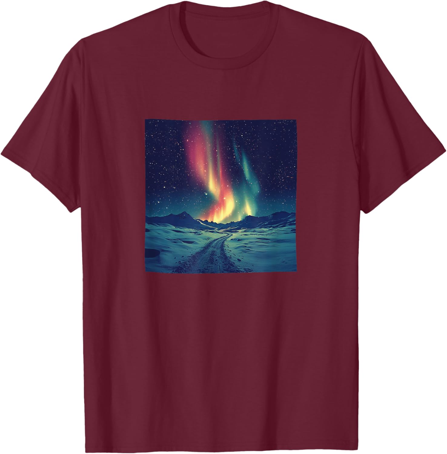 Northern Lights Over Snow Vintage Landscape Graphic T-Shirt - T-Shirt | Maroon