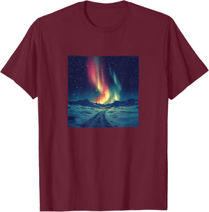 Northern Lights Over Snow Vintage Landscape Graphic T-Shirt - T-Shirt | Maroon