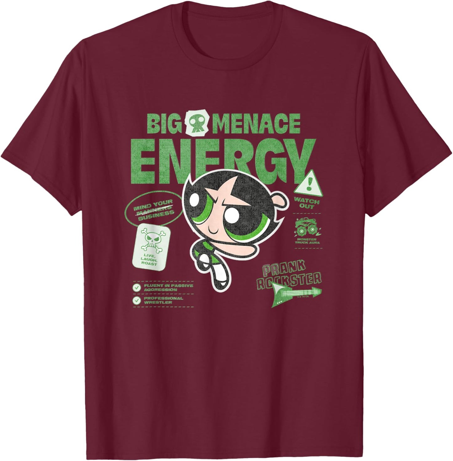 The Powerpuff Girls Buttercup Big Menace Energy Watch Out! T-Shirt - T-Shirt | Maroon