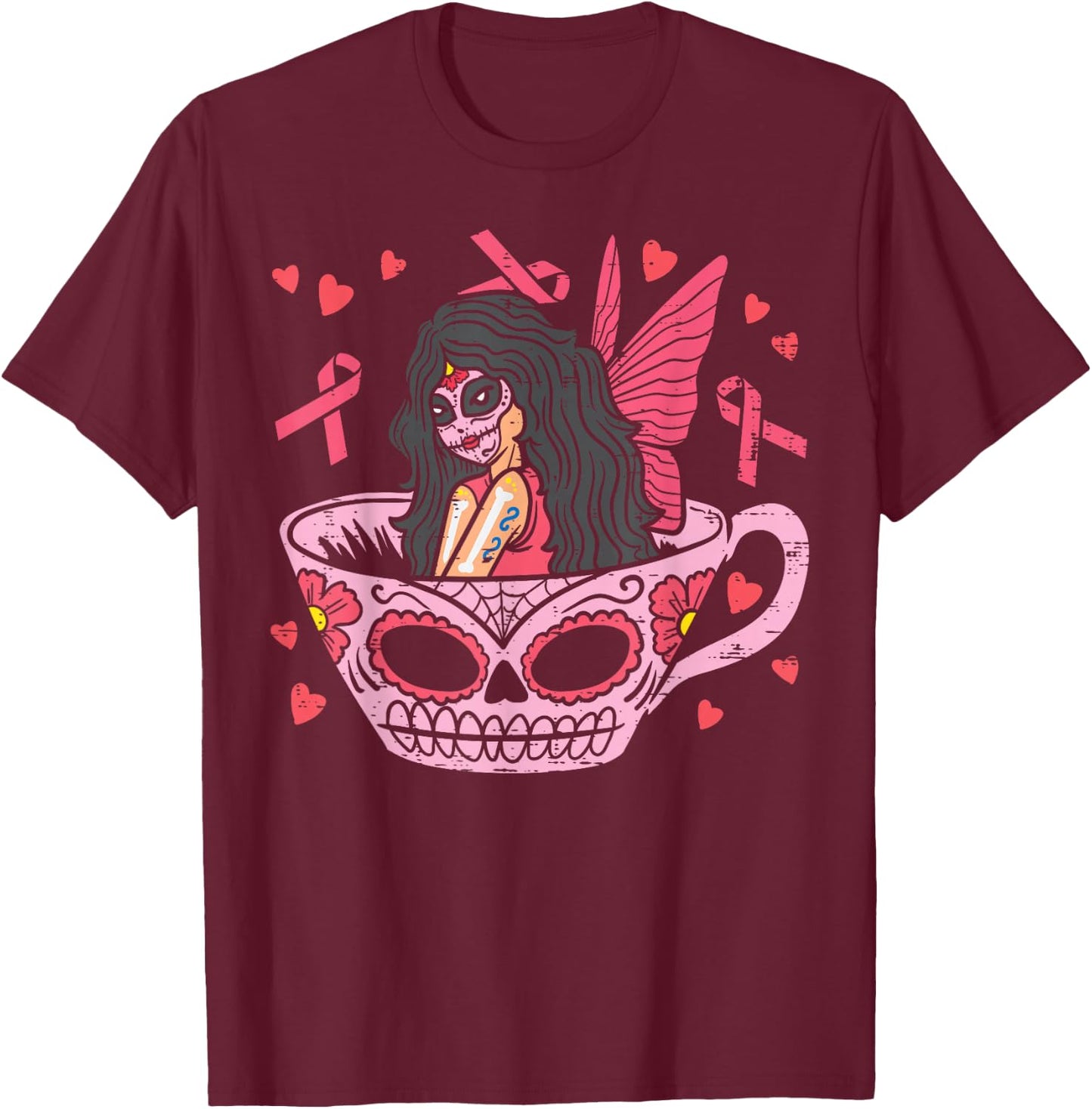 Sugar Skull Fairy In Tea Cup Breast Cancer Awareness Mexican T-Shirt - T-Shirt | Maroon