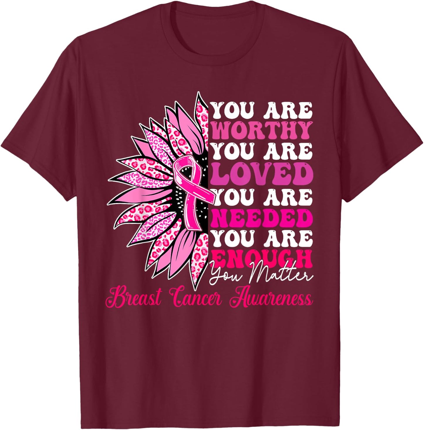 Sunflower Pink Breast Cancer Awareness Women Girls Warrior T-Shirt - T-Shirt | Maroon