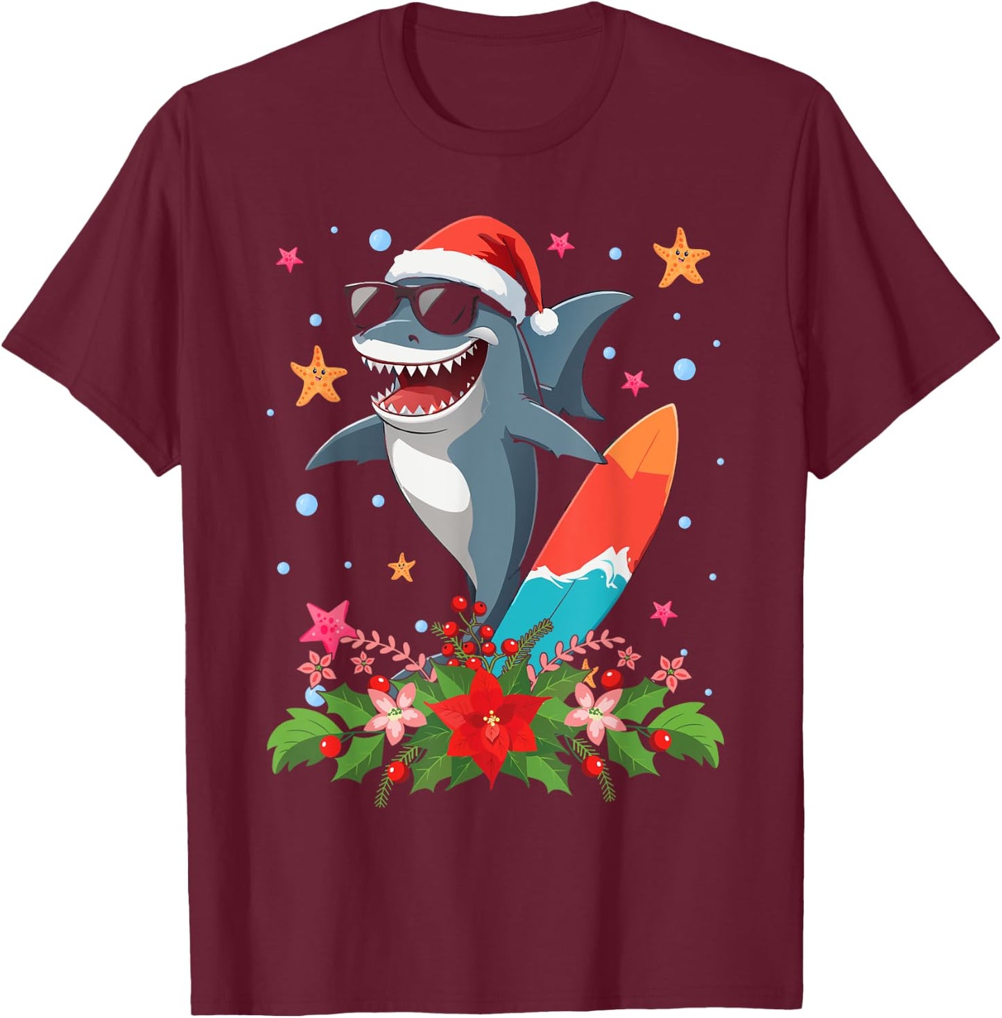 Funny Shark Hawaiian Summer Surfing Shark Christmas in July Men Women Kids T-Shirt - T-Shirt | Maroon