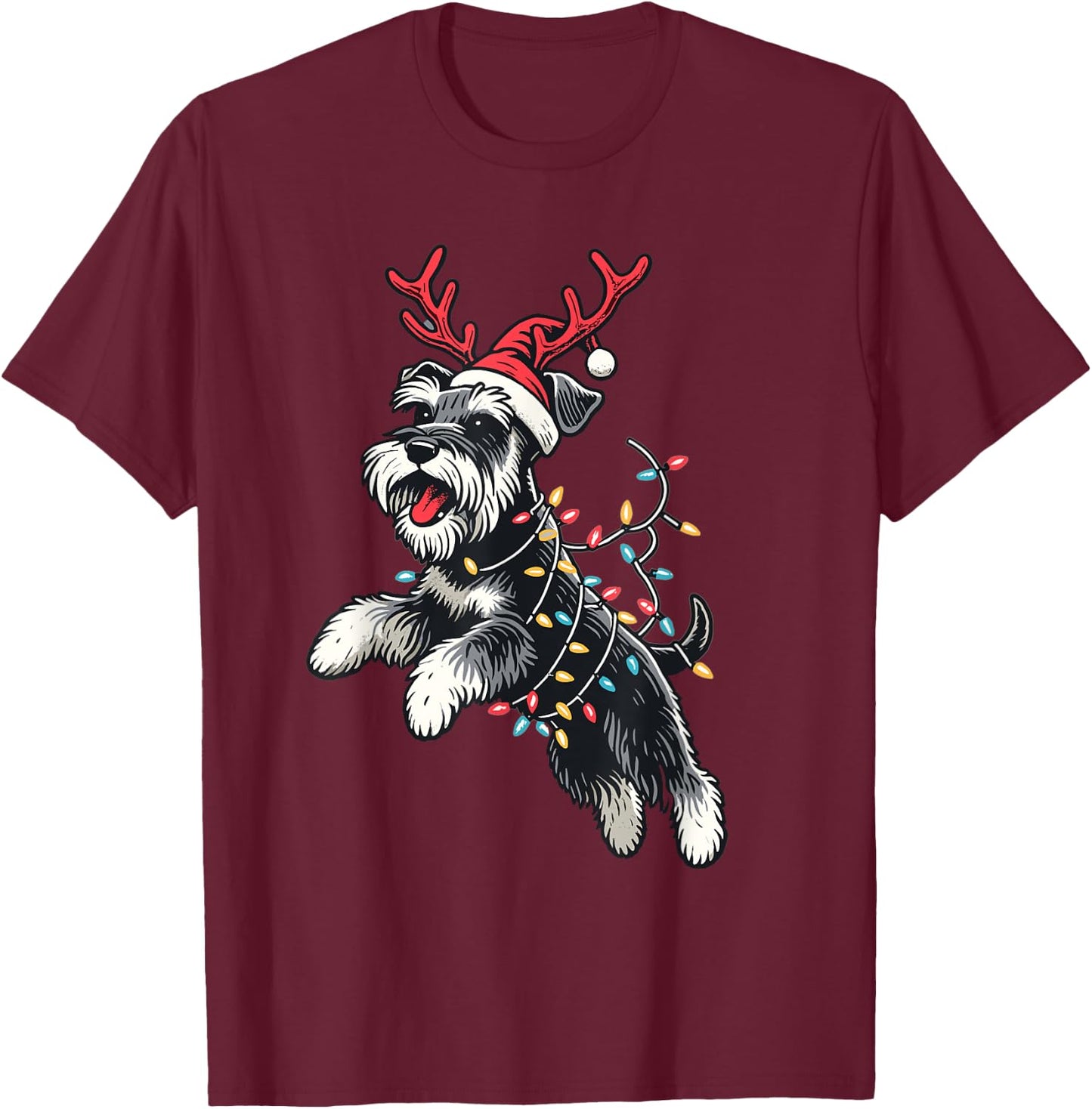 Miniature Schnauzer Dog Santa Hat Christmas Lights Pajama Women Kids T-Shirt - T-Shirt | Maroon