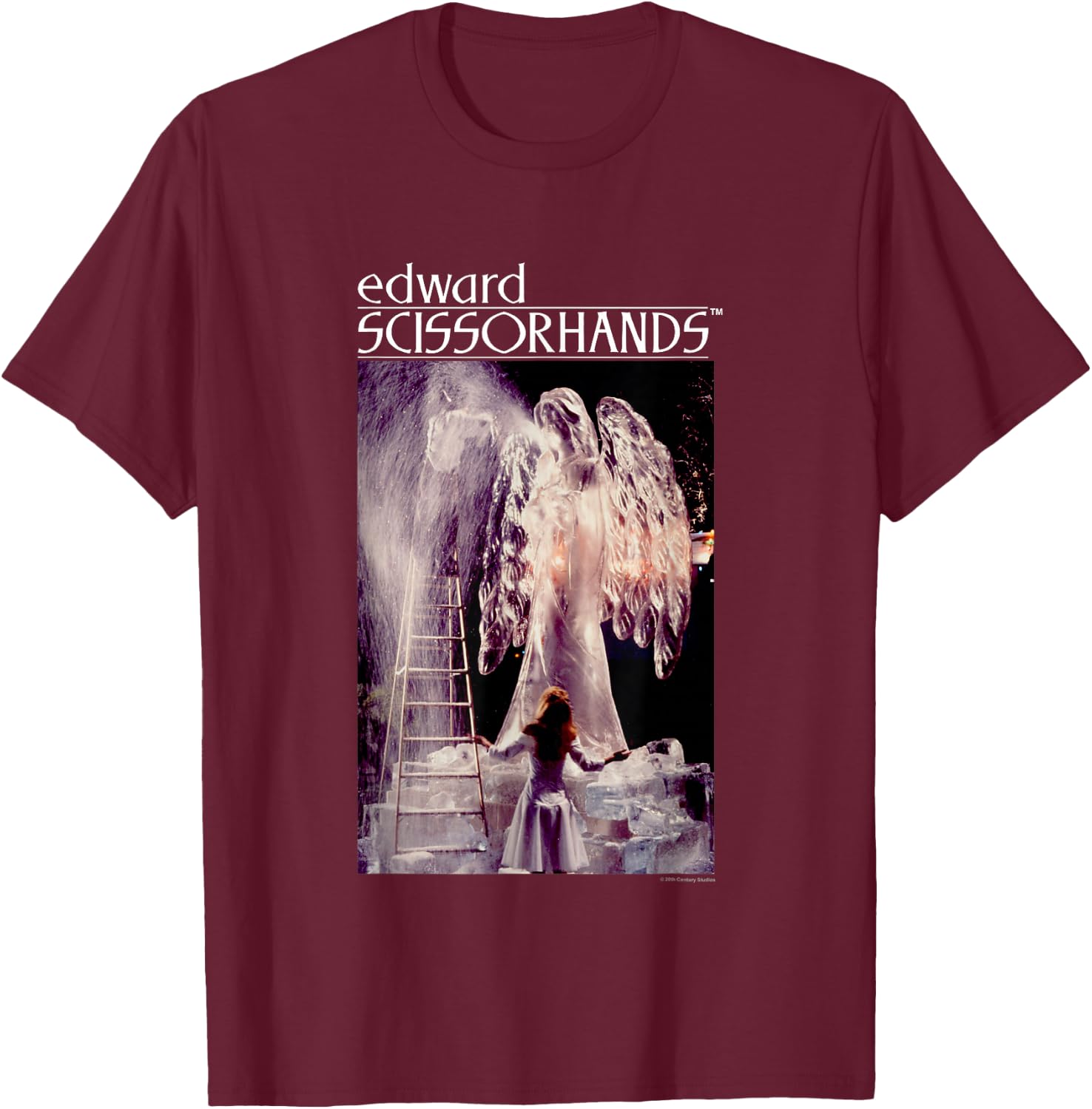 Edward Scissorhands Iconic Ice Sculpture Retro Chest Poster T-Shirt - T-Shirt | Maroon