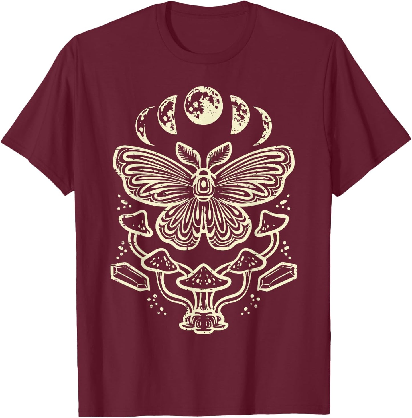 Moth Moon Phases Mushroom Goblincore Grunge Women Men Kids T-Shirt - T-Shirt | Maroon