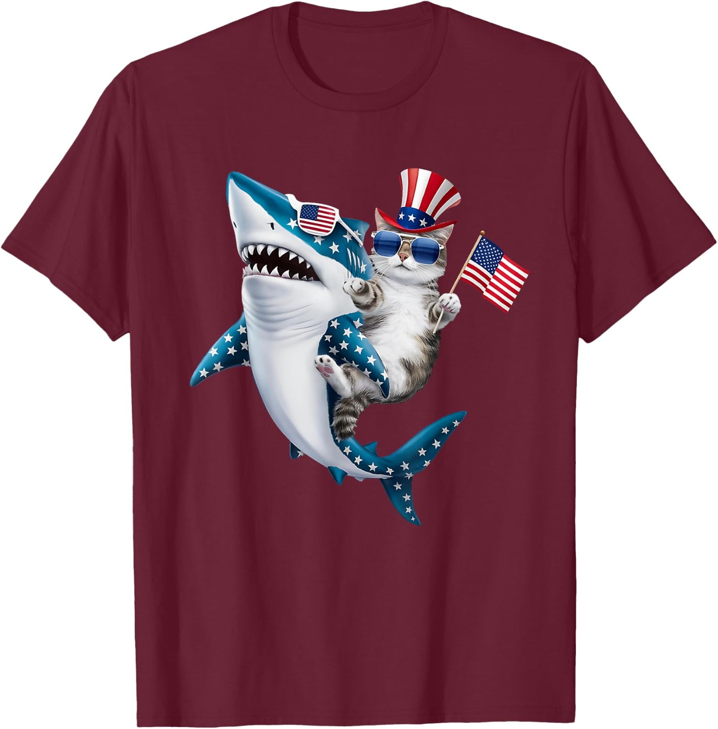 Awesome Patriotic Cat Riding Shark usa flag sunglasses Women Kids Men T-Shirt - T-Shirt | Maroon