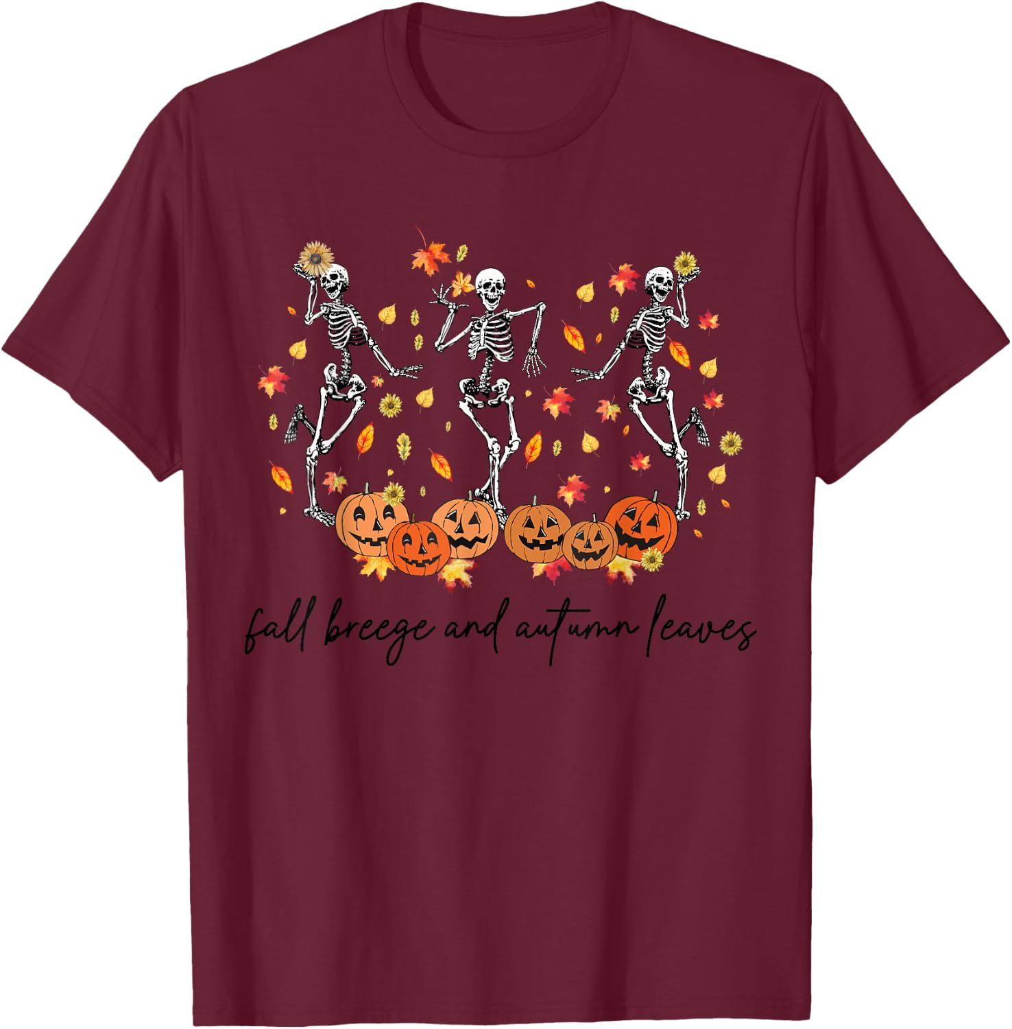 Fall Breeze and Autumn Leaves Dancing Skeleton Halloween T-Shirt - T-Shirt | Maroon
