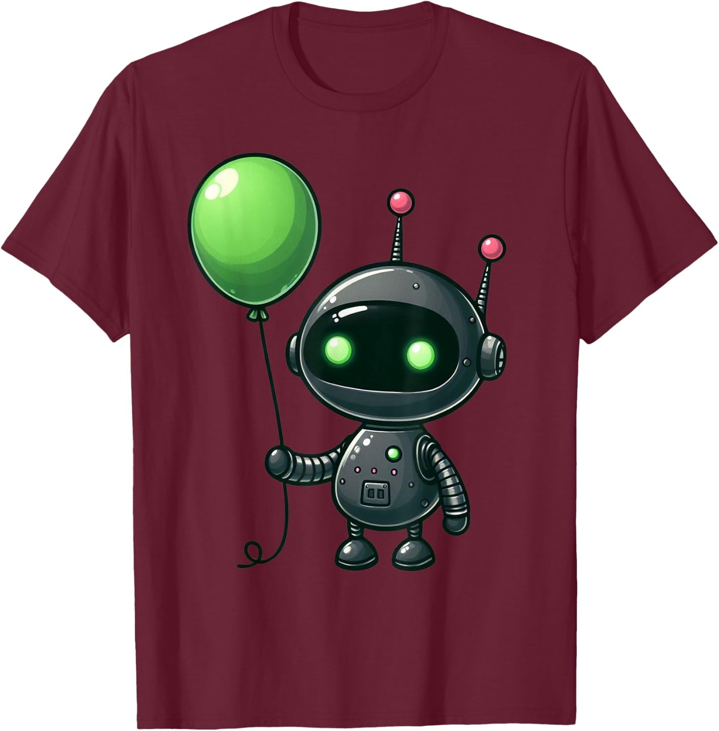 Retro Robot Holding Green Balloon For Kids And Robot Lovers T-Shirt - T-Shirt | Maroon