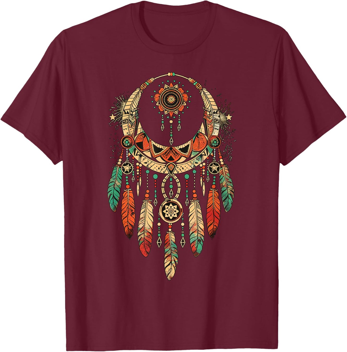 Boho Dreamcatcher - Tribal Feather Design T-Shirt - T-Shirt | Maroon