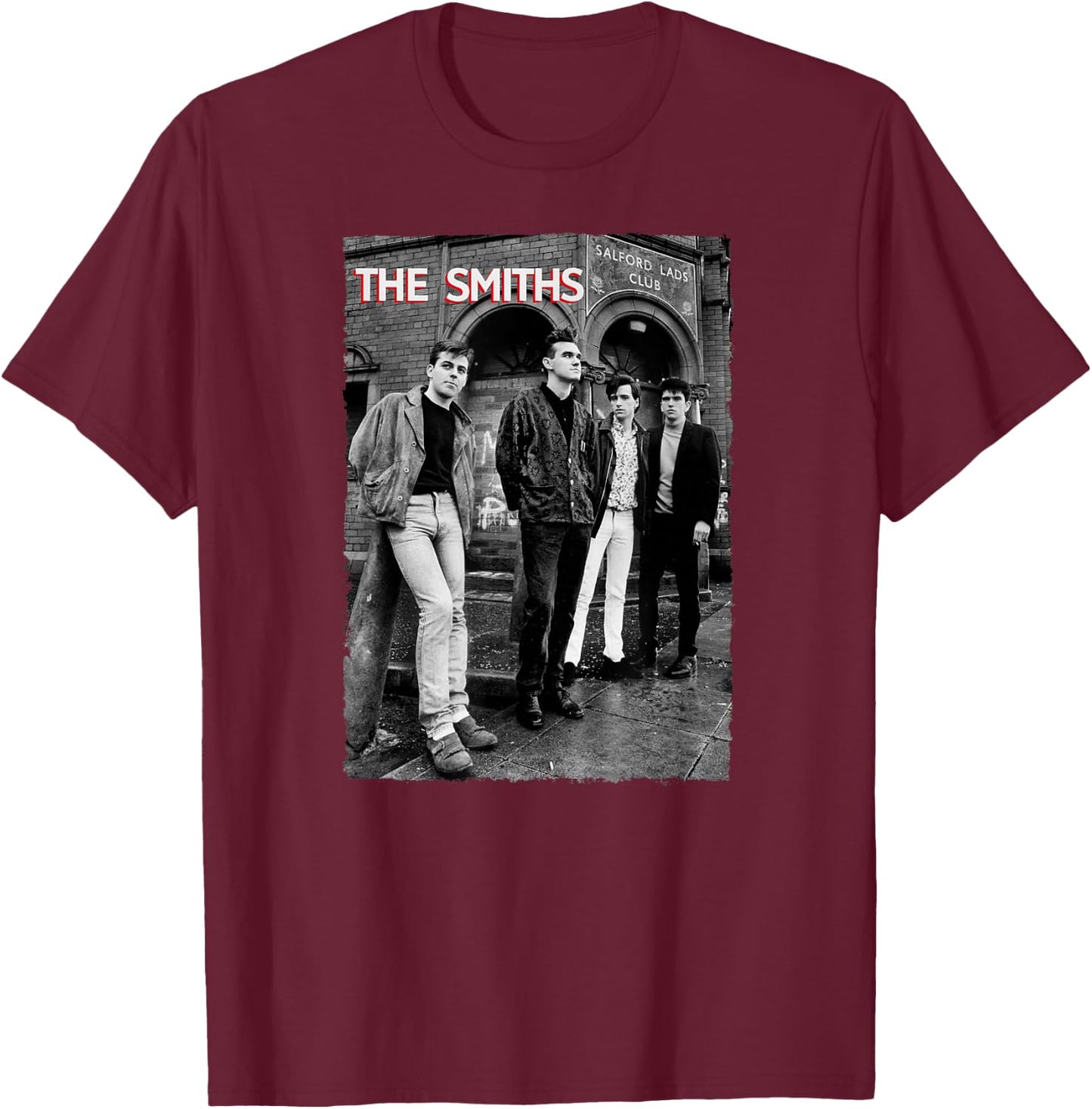 The Smiths Outside Salford Lads Club by Stephen Wright T-Shirt - T-Shirt | Maroon