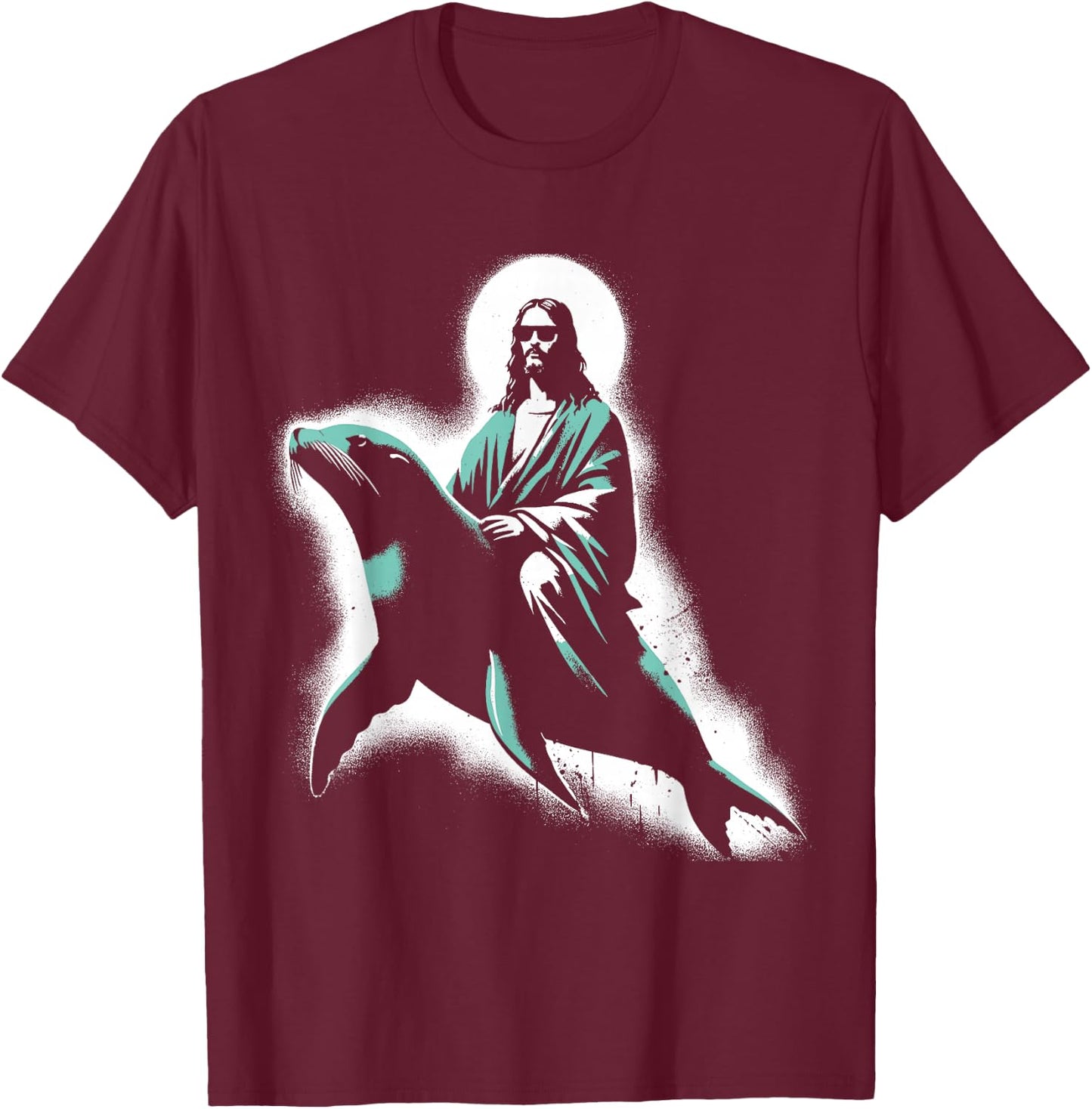 Jesus Riding A Sea Lion - Funny Christian Religious Seal T-Shirt - T-Shirt | Maroon