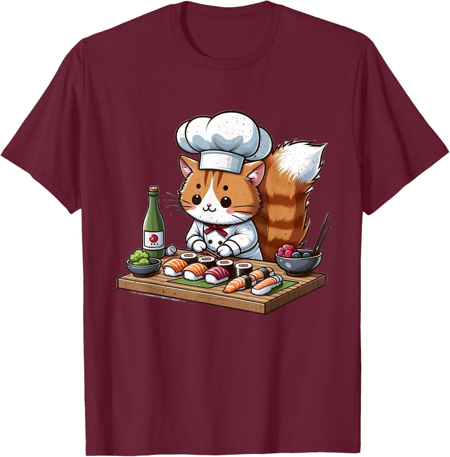 Cat Chef Making Sushi T-Shirt - T-Shirt | Maroon