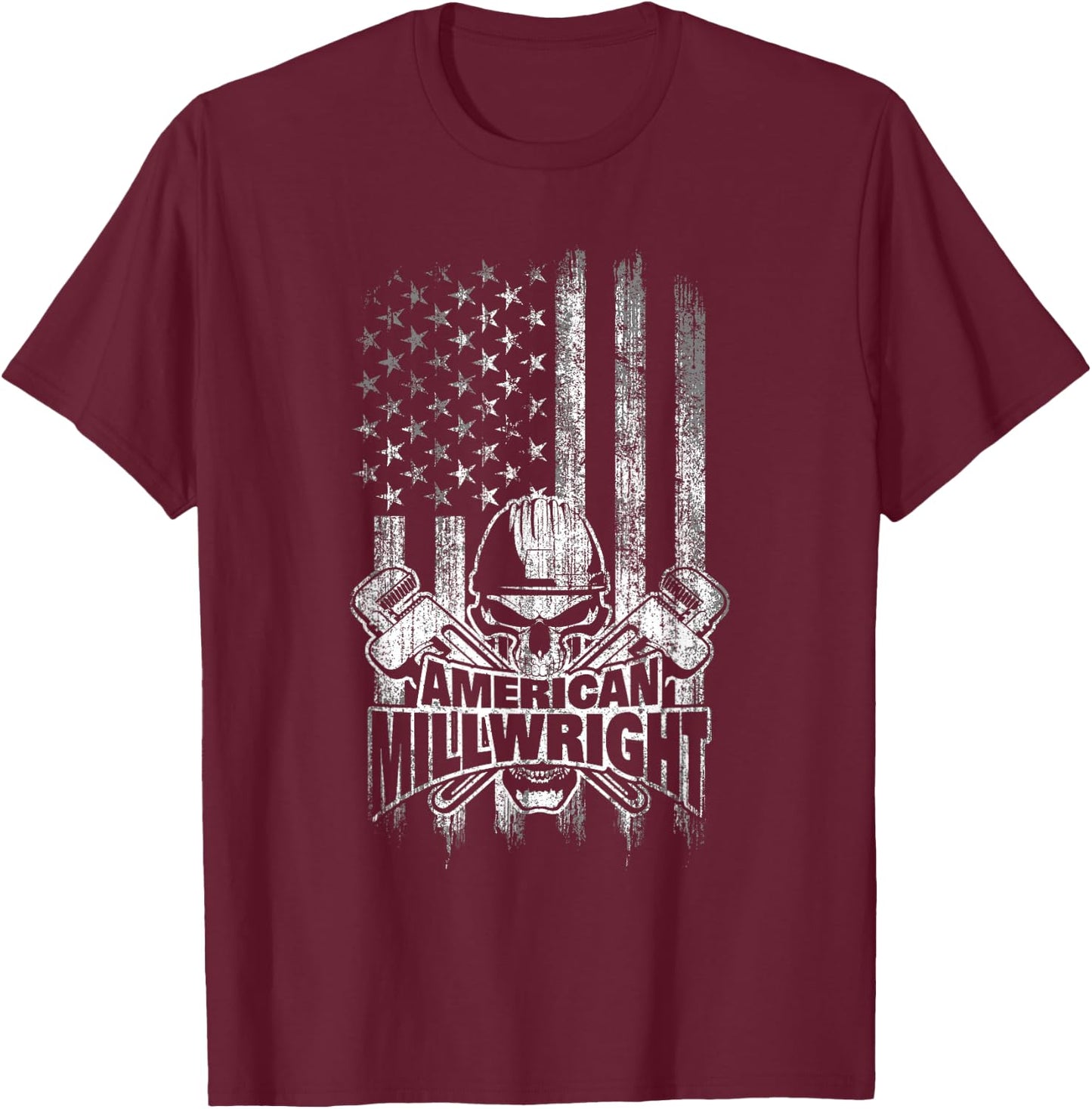 Millwright Skull and Wrenches American Flag T-Shirt - T-Shirt | Maroon
