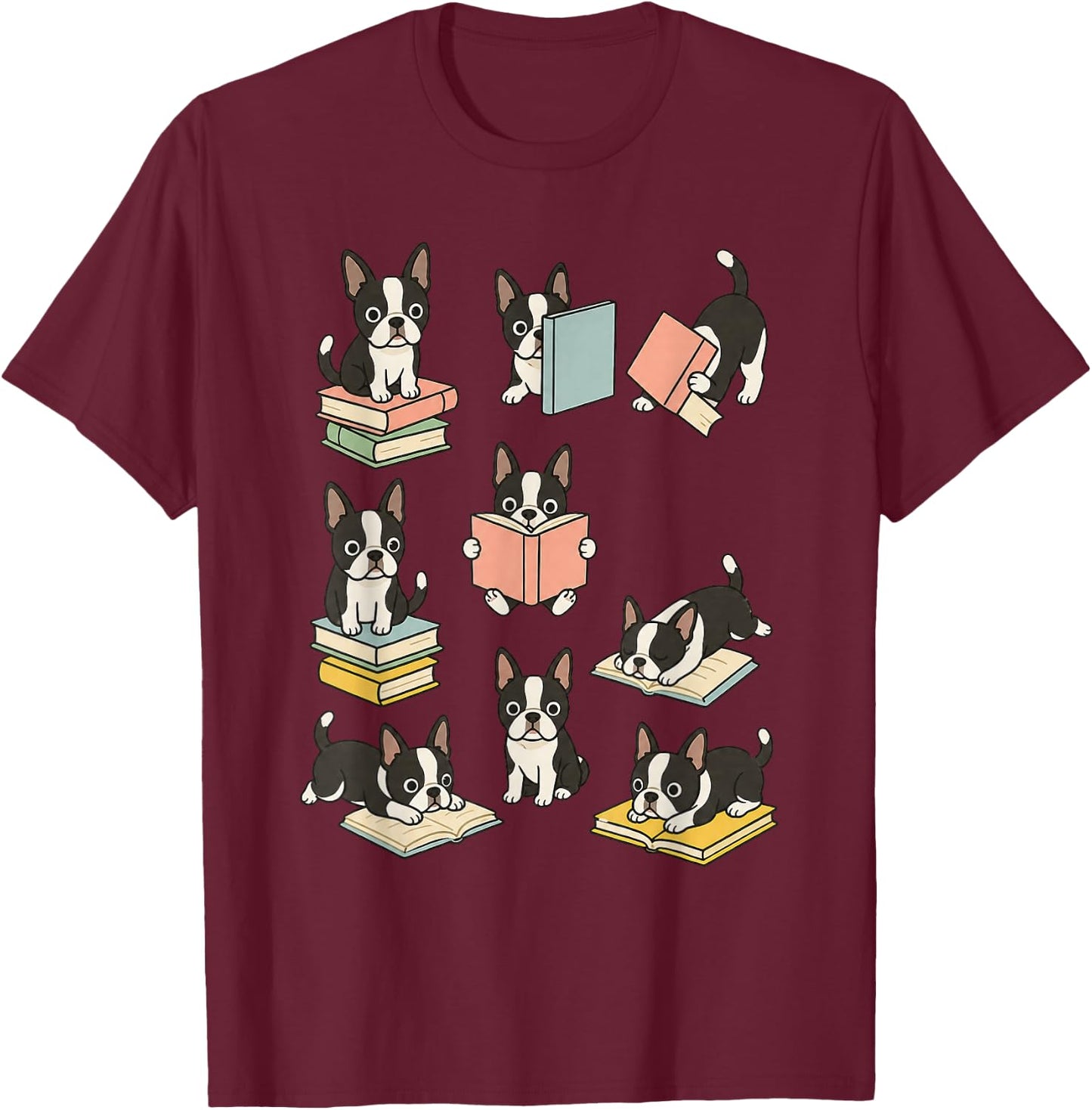 Cute Dog Boston Terrier Reading Book T-Shirt - T-Shirt | Maroon