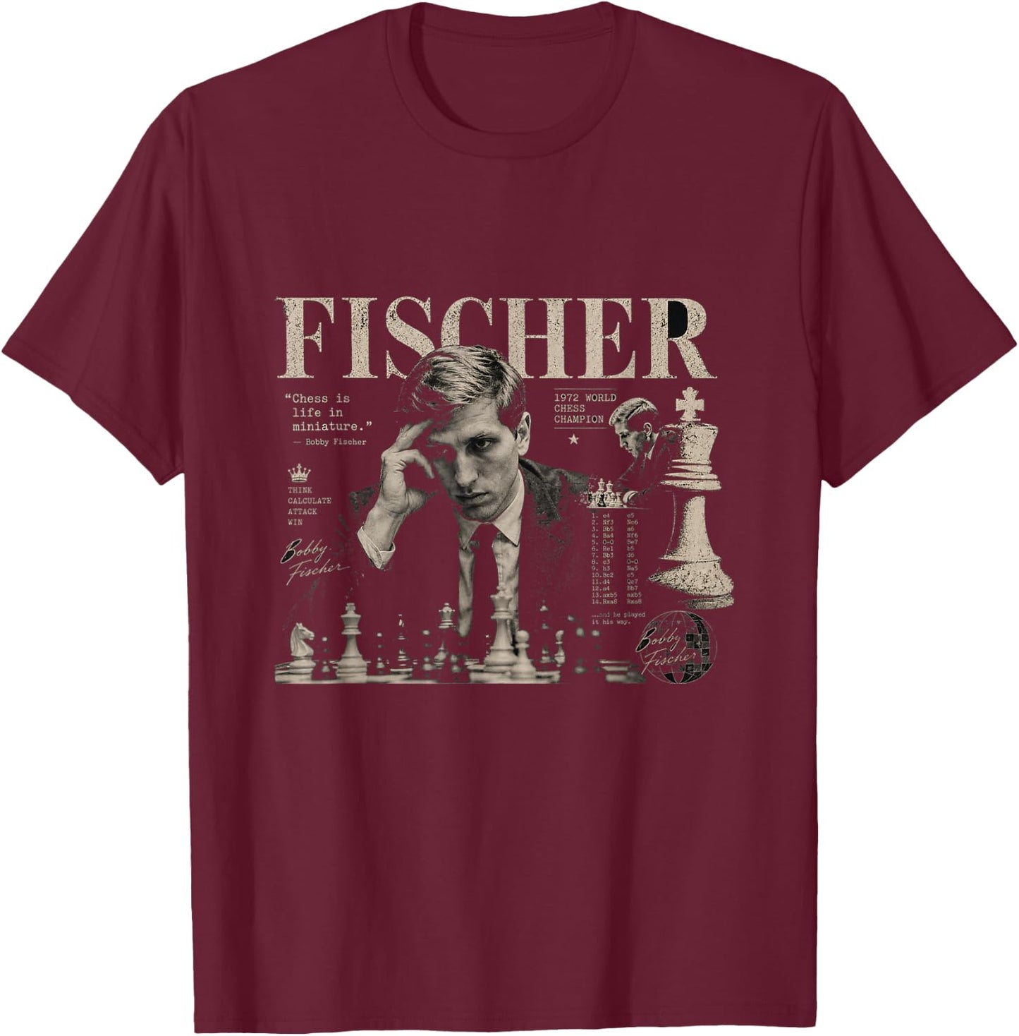 Bobby Fischer Chess Legend Vintage Portrait T-Shirt - T-Shirt | Maroon
