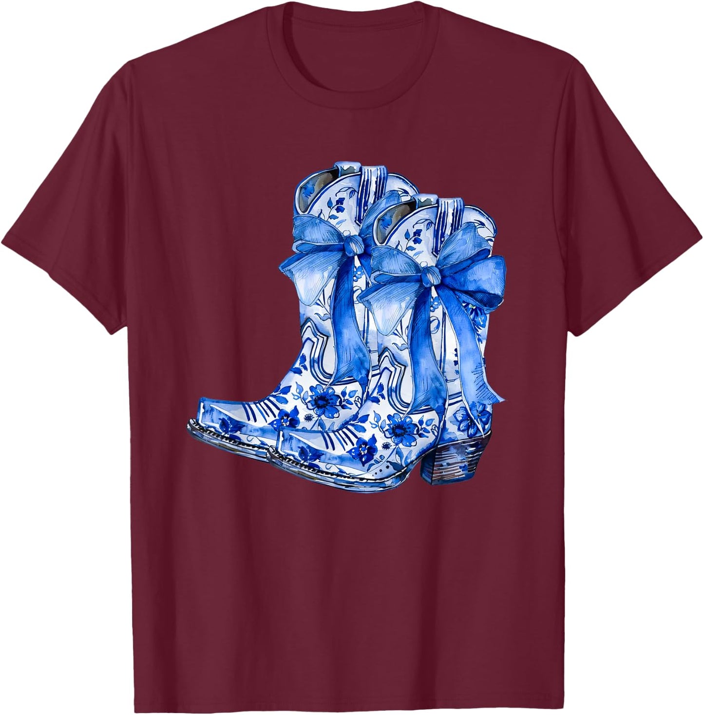 Boots Bow Coquette Coastal Cowgirl Blue Chinoiserie Floral T-Shirt - T-Shirt | Maroon