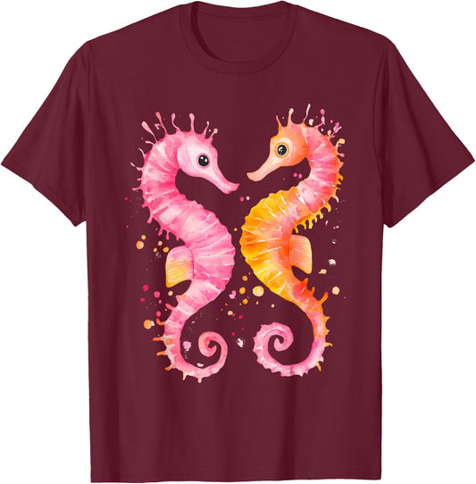 Seahorse Coral Starfish Nautical Art Seahorse lovers T-Shirt - T-Shirt | Maroon