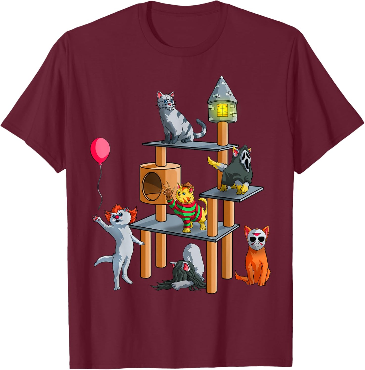 Funny Cat Horror Movies Cute Halloween for Cat Kitty Lovers T-Shirt - T-Shirt | Maroon