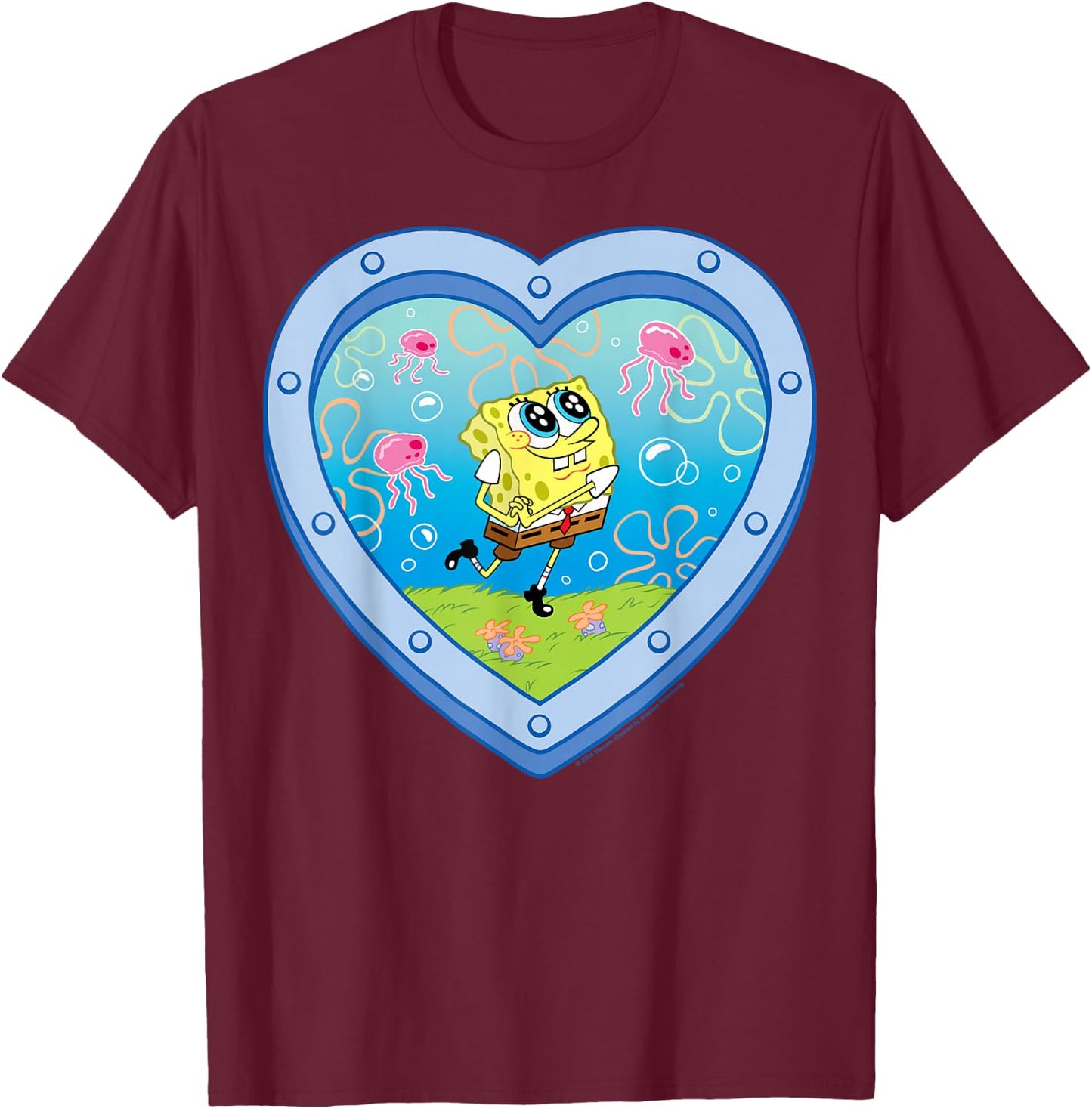 SpongeBob SquarePants - Smiling with Jellyfish Heart Window T-Shirt - T-Shirt | Maroon