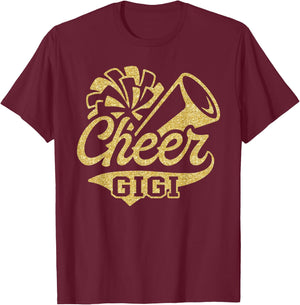 Cheer Gigi Biggest Fan Cheerleader Black Yellow Gold Pom Pom T-Shirt - T-Shirt | Maroon